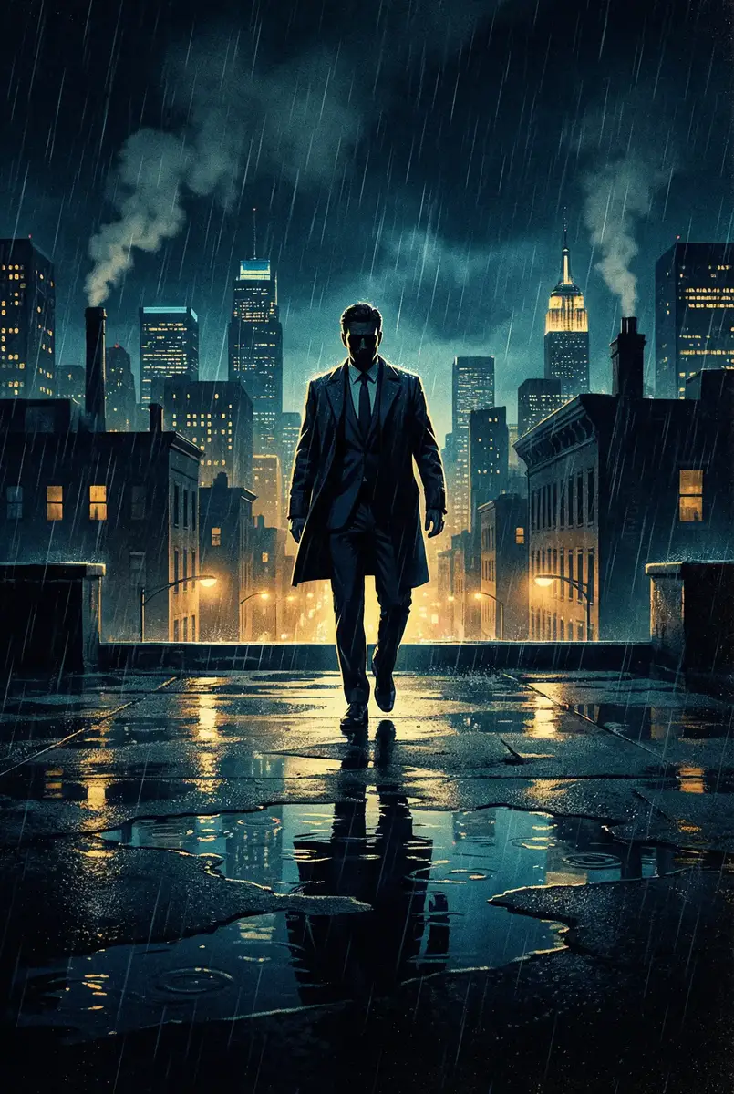 阿黛尔的生活完整版 出品影片《雨夜独行者》海报，雨中城市屋顶男性剪影